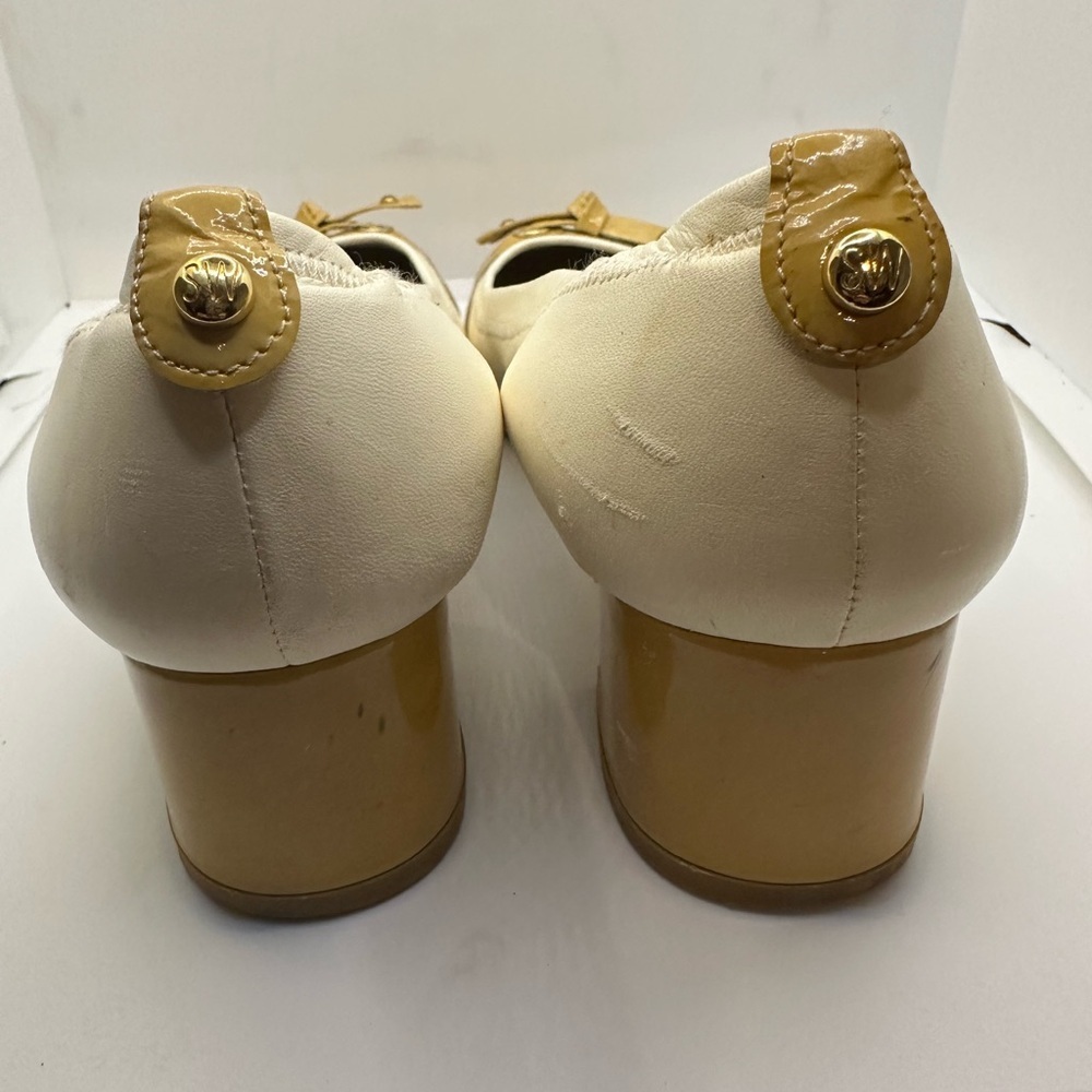 Stuart Weitzman Cream Heels with Chunky Heel and Bow Detail - Picture 5 of 7